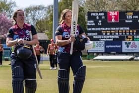 Michaela Kirk celebrates her century for the Steelbacks Women at Leicestershire (Picture: @nccc.co.uk)