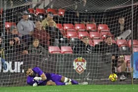 Wellingborough Town keeper Dean Snedker is beaten by Michael Gyasi's first-half penalty (Picture: Peter Short)
