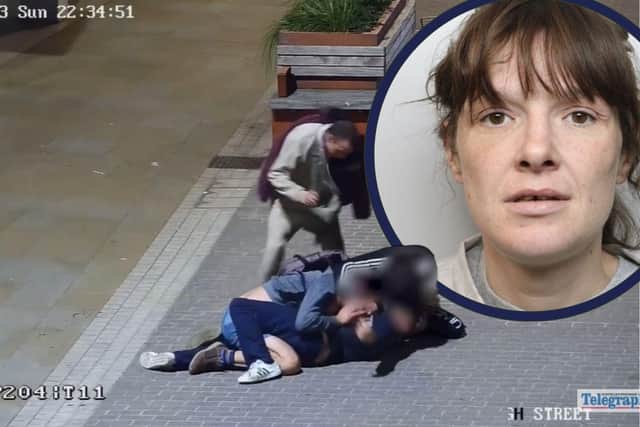 Chloe Molloy (inset, and in the Adidas tracksuit in the main picture) has been jailed for a wrench attack in Kettering High Street. Image: National World