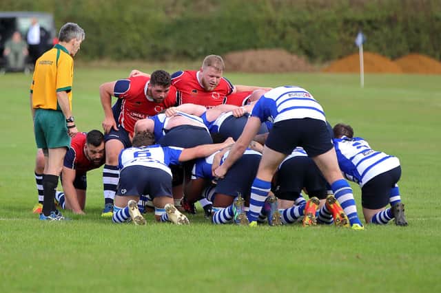 Kettering and Leighton Buzzard scrum down during their Regional Two East Midlands clash, which the Blues won 22-5. Picture by Steve Draper