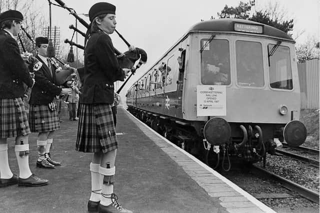 A piped send-off for the train as it leaves Corby Station en route to Kettering in 1987.