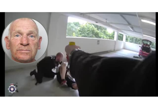 Max Hallam inset with body cam footage of the arrest by Sergeant Dave Cayton