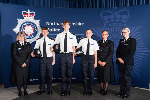 From left to right: Core Policing Trainer Sarah Whitehead, PC Zachary Gower, PC Doyle Sargent PC Alicia Swann, Core Policing Trainer Claire Paul and Assistant Chief Constable Emma James at their attestation ceremony held at Northamptonshire Police Headquarters, Wootton Hall.
