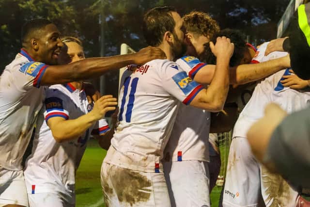 John-Joe O'Toole joins in the celebrations after Bruno Andrade made it 2-0 against Sutton Coldfield Town on Saturday (Picture: Shaun Frankham)