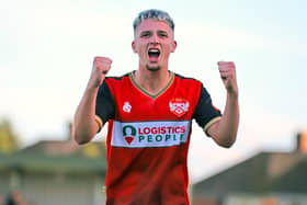 Keaton Ward celebrates after Kettering Town's 2-1 win over Spennymoor Town last weekend. Pictures by Peter Short
