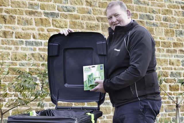Rothwell resident Lennie Newman with the Wheelie Klips products