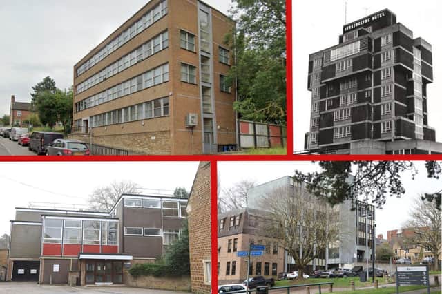 Top left - Sheerness House in Kettering which its planned that NNC exits; Top right - Grosvenor House in Corby where a plan is being drawn up for its future; Bottom left - the rear of Swanspool House and bottom right - The Tithe Barn in Wellingborough which is also set for sale.