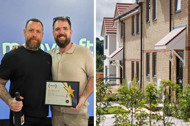 Nathan Grace, gas safety manager (left), and James Norton, repairs and maintenance manager (right), collecting the Mobysoft Award on behalf of Greatwell Homes