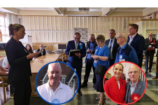 Adele Wylie, returning officer, declares the winner (Bill McElhinney, inset) also inset Rosie Wrighting Labour's general election candidate for Kettering with Desborough by-election ward candidate Rikki Tod/National World