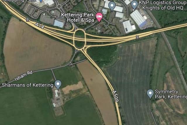 The two fields (shown here in brown) off the A509 and next to Junction 9 of the A14 are on the sale list