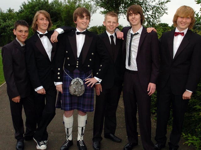 Higham Ferrers Specialist Arts College Prom: Jordan Paddison, in his kilt with friends. 2010