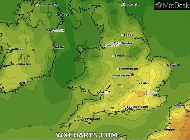 Forecast charts show temperatures nudging 20°C on Friday