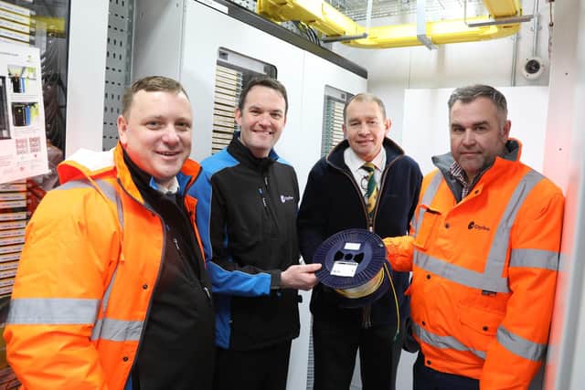 Kettering, visit by MP Philip Hollobone to Fibre Exchange installed by CityFibre to supply fast broadband to Kettering 
l-r Matt Ginnings (City Build Manager), James Cushing (area manager) Philip Hollobone MP, Jason Cook (Build Assurance Manager)