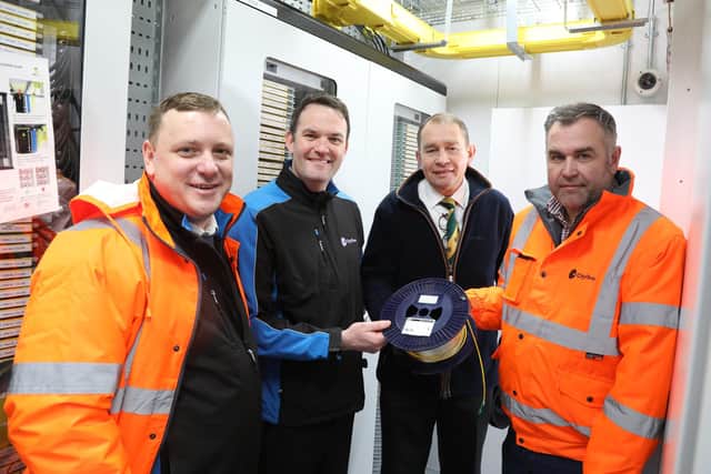 Kettering, visit by MP Philip Hollobone to Fibre Exchange installed by CityFibre to supply fast broadband to Kettering
l-r Matt Ginnings (City Build Manager), James Cushing (area manager) Philip Hollobone MP, Jason Cook (Build Assurance Manager)