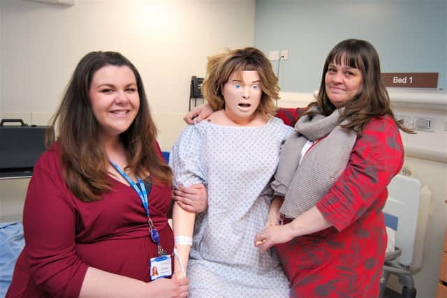 L-R Human Resources and Digital Learning Officer Alice Power and Head of People Development Sheila Turner with one of the state-of-the-art computerised simulation manikins used in staff training.