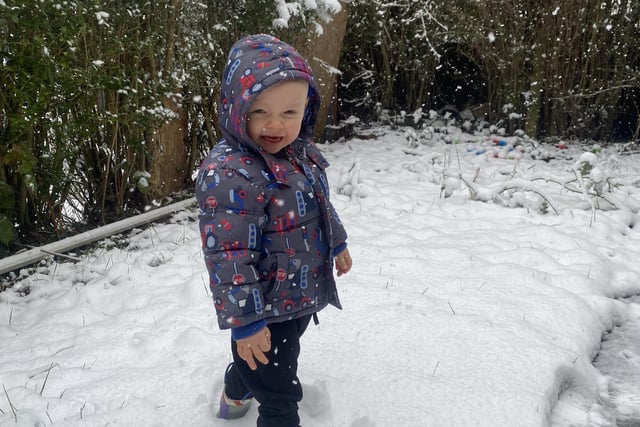 Sophie Webb sent us this lovely picture of Mason enjoying his first snow day in Corby