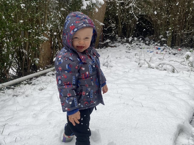 Sophie Webb sent us this lovely picture of Mason enjoying his first snow day in Corby