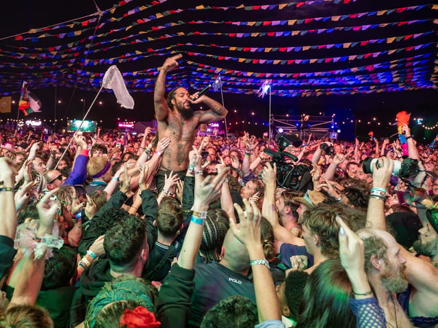 Bob Vylan among fans during the band's headline set on the Solasta stage at the Shambala Festival on Friday, August 28, 2026. Photo by David Jackson.