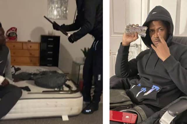Left, weapons used by the gang laid out on a mattress. Right, Tyrone James with the cash made by the gang. Image: National World / Northamptonshire Police