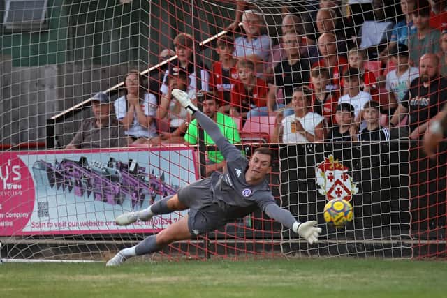 Alfie Lewis's shot flies into the Leiston net (Picture: Peter Short)