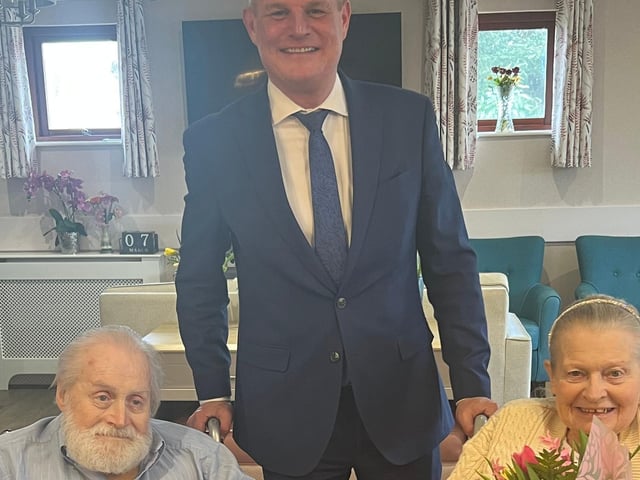 Residents David Lunn and Sandra Collier with Stuart Andrew, Member of Parliament for Daventry and Shadow Secretary of State for Health and Social Care at Pytchley Court Care Home