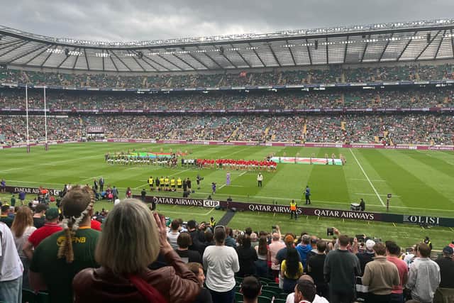 Wales and South Africa line up for their anthems at HQ in June.