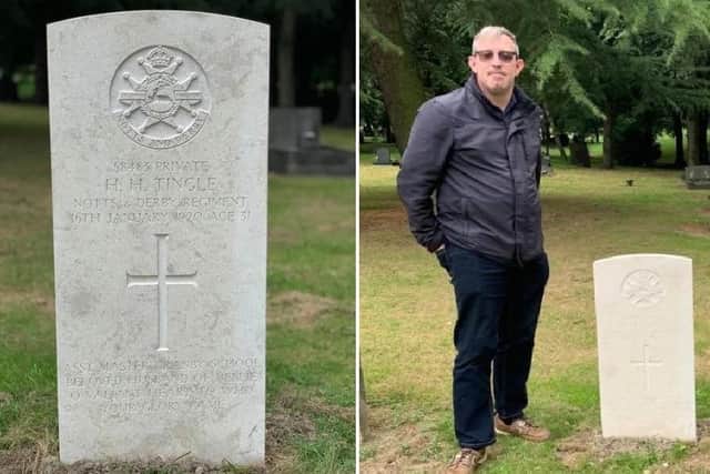 James Dawson with the Commonwealth War gravestone for which he successfully campaigned
