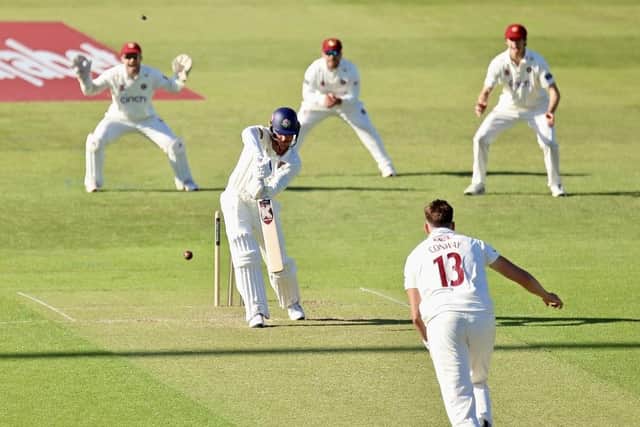 Harry Conway bowls Lancashire skipper Keaton Jennings (Picture: Peter Short)