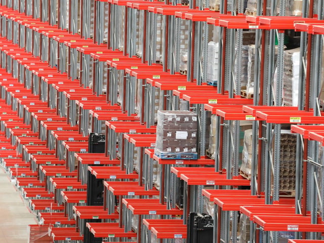 Pallets arrive by lorry, are stored in bulk the warehouse until smaller quantities are needed for orders