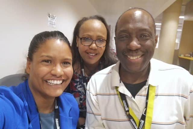 Ernie pictured beside his UON colleagues, Dr Emel Thomas and Evelyn Muling.
