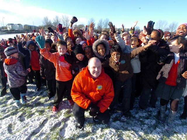 Corby, St Patrick's School, Head Teacher off to teach in Nigeria.  Chris Latimer with the school in the snow Friday, 17 December 2010
