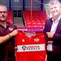 Owner Ritchie Jeune welcomes new manager Lee Glover to Kettering Town. Picture courtesy of Kettering Town FC