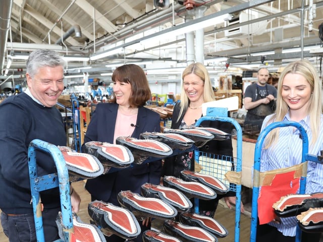 Rachel Reeves Shadow Chancellor visits Kettering Morrisons and Cheaney Shoes in Desborough with her sister Ellie Reeves and candidate Rosie Wrighting:Rachel Reeves in Kettering and Desborough