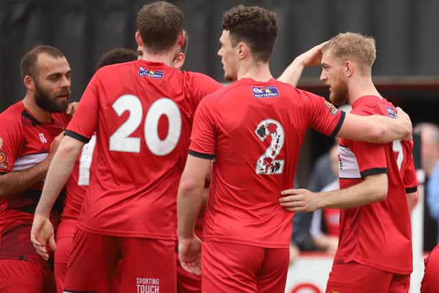 Callum Stead takes the congratulations after he scored from the penalty spot in Kettering Town's 1-0 win over Alfreton Town. Pictures by Peter Short