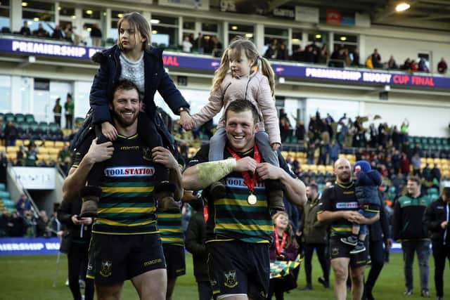 Tom Wood and Alex Waller after the Premiership Rugby Cup triumph in 2019