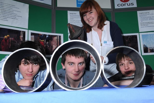 Josh Hilton (16) Luke Saville (17) and James Chalkley (16), and standing Bekah Hadley (17) who helped Corus Tubes come up with an engineering solution in 2010