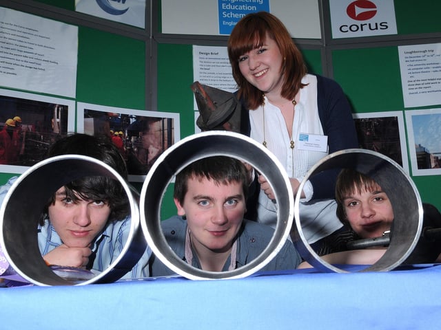 Josh Hilton (16) Luke Saville (17) and James Chalkley (16), and standing Bekah Hadley (17) who helped Corus Tubes come up with an engineering solution in 2010