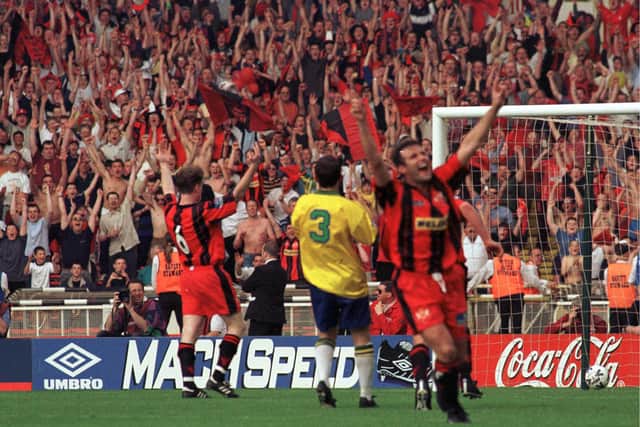 Craig Norman celebrates his goal in front of more than 14,000 Kettering Town fans at Wembley in 2000. He will be one of a number of former players featuring in Sunday's Legends Match to mark the club's 150th anniversary. Picture by Mike Capps/www.kappasport.co.uk