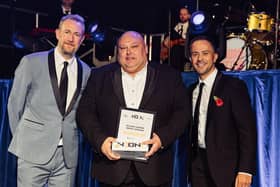 Northamptonshire Business Excellence Awards 2024 celebrity host Alex Horne with Businessman of the Year Award winner Richard Gordon of Greedy Gordons and Gavin Henson, Commercial Manager at More Recruitment Group, who were award category sponsors.