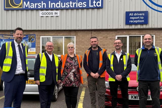 Image description – from left to right. Michael Harrison - Business Development Manager, Lee Barron – MP of Corby and East Northamponshire, Tiffany Auburn – Sales Administrator, Kreshnik Hoxhaj – Works Manager, Wayne Merchant – Technical Manager, Mark Thorne - Health & Safety Co-ordinator.