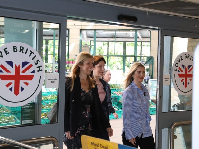 Rachel Reeves Shadow Chancellor visits Kettering Morrisons and Cheaney Shoes in Desborough with her sister Ellie Reeves and candidate Rosie Wrighting:Rachel Reeves in Kettering and Desborough