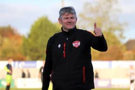 It was thumbs up from Kettering Town manager Lee Glover after the 2-1 victory over Spennymoor Town. Picture by Peter Short