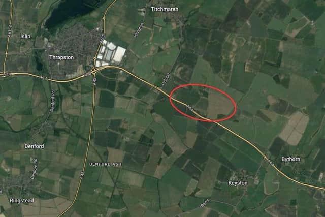 The solar farm site is located along the A14, by Thrapston and TItchmarsh (Image: Google Maps)