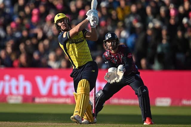 Chris Lynn clubs a six for Hampshire against the Steelbacks during Finals Day at Edgbaston last summer