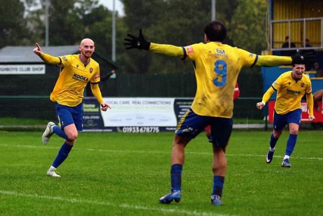 Charlie Green celebrates firing Wellingborough Town 4-3 ahead against Coleshill (Picture: Rob Webb)