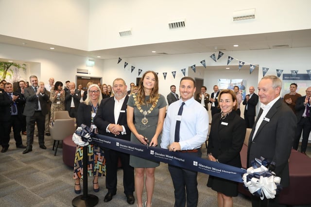 Mayor of Kettering, Emily Fedorowycz and Corby gymnast Daniel Keatings cut the ribbon accompanied by Nick Costa, CEO of Ramsay Health Care UK, Elisabeth Neil, chief strategy and operations officer, Sarah Bowrey Glendon Wood Hospital manager, and Tim Pearl, director of development and estate.