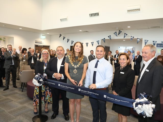 Mayor of Kettering, Emily Fedorowycz and Corby gymnast Daniel Keatings cut the ribbon accompanied by Nick Costa, CEO of Ramsay Health Care UK, Elisabeth Neil, chief strategy and operations officer, Sarah Bowrey Glendon Wood Hospital manager, and Tim Pearl, director of development and estate.