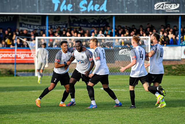 Dom Perkins celebrates after he marked his Steelmen debut by scoring their first goal