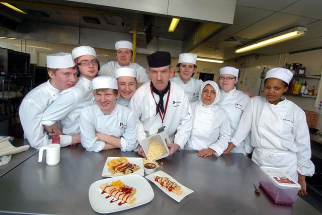 Corby, Tresham College, students making pancakes. Chef John Fahy with his students in 2011