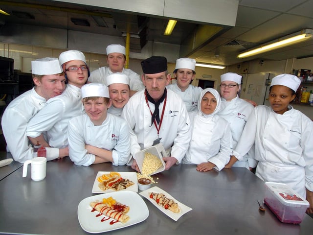 Corby, Tresham College, students making pancakes. Chef John Fahy with his students in 2011